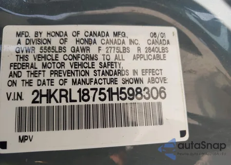 2001 Honda Odyssey Ex из США, поврежденный, VIN 2HKRL18751H598306